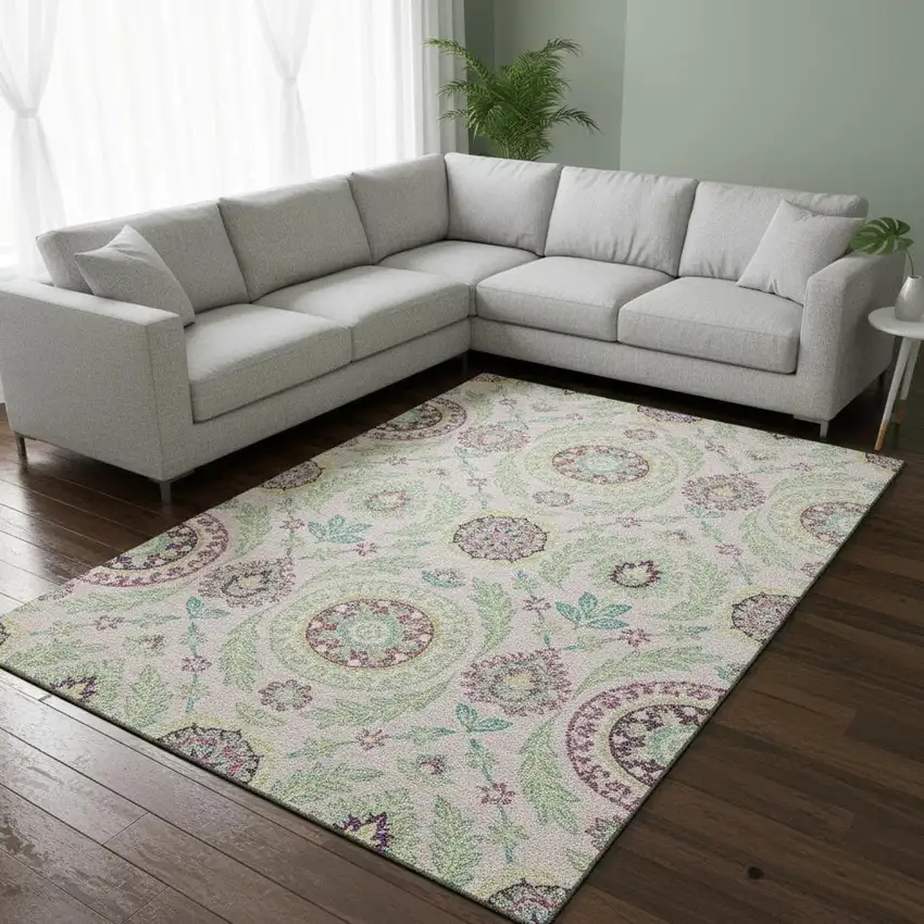 Pink And Green Floral Washable Area Rug With UV Protection Photo 2
