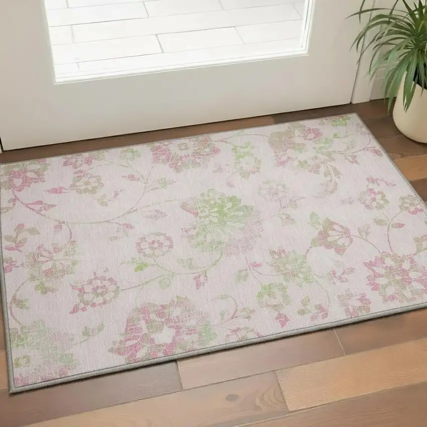 Pink And Green Floral Washable Area Rug With UV Protection Photo 2