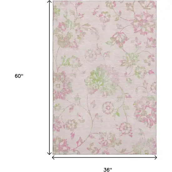 Pink And Green Floral Washable Area Rug With UV Protection Photo 3