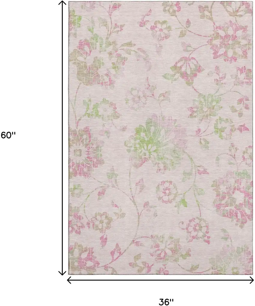 Pink And Green Floral Washable Area Rug With UV Protection Photo 3