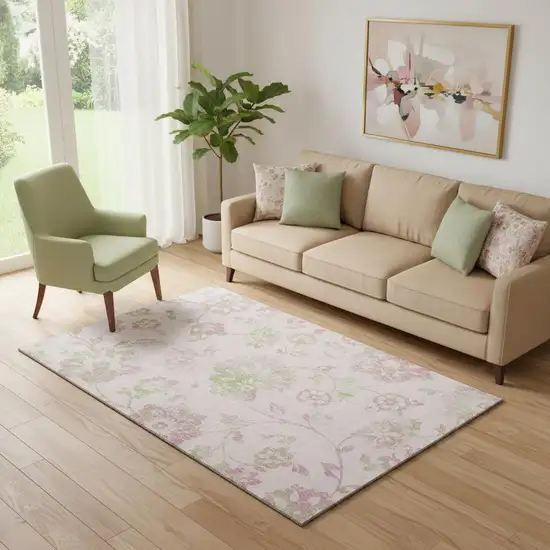 Pink And Green Floral Washable Area Rug With UV Protection Photo 1