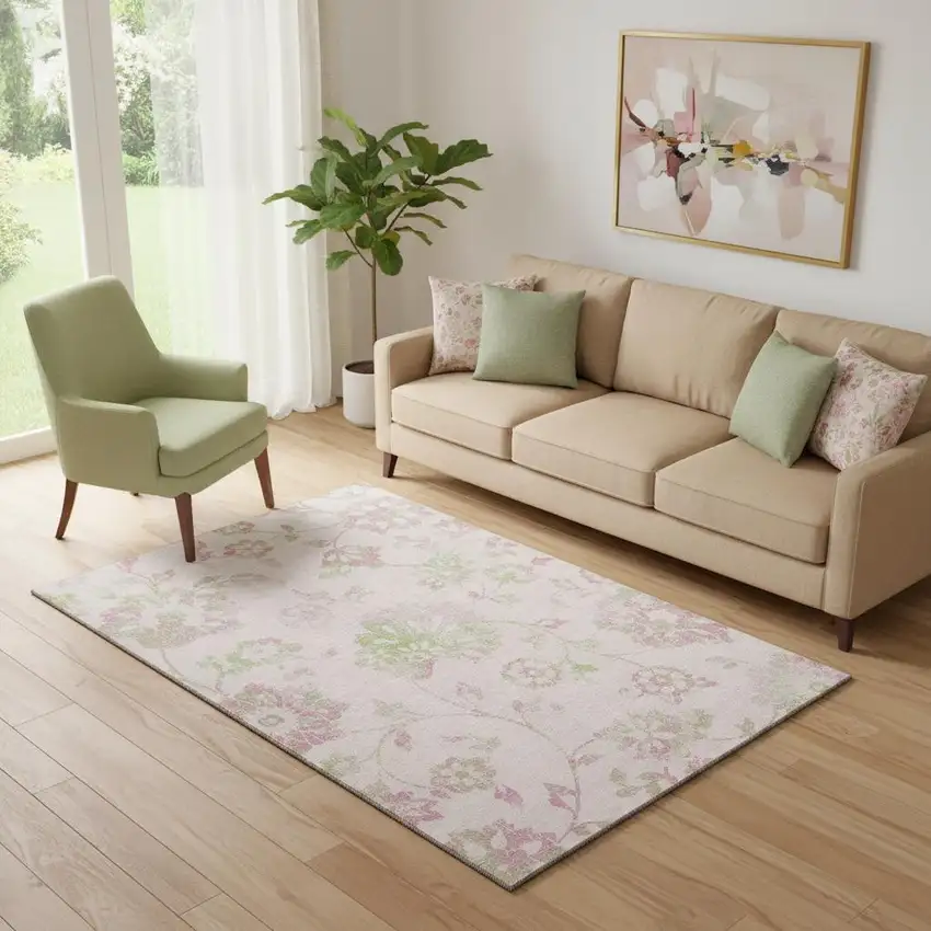 Pink And Green Floral Washable Area Rug With UV Protection Photo 1
