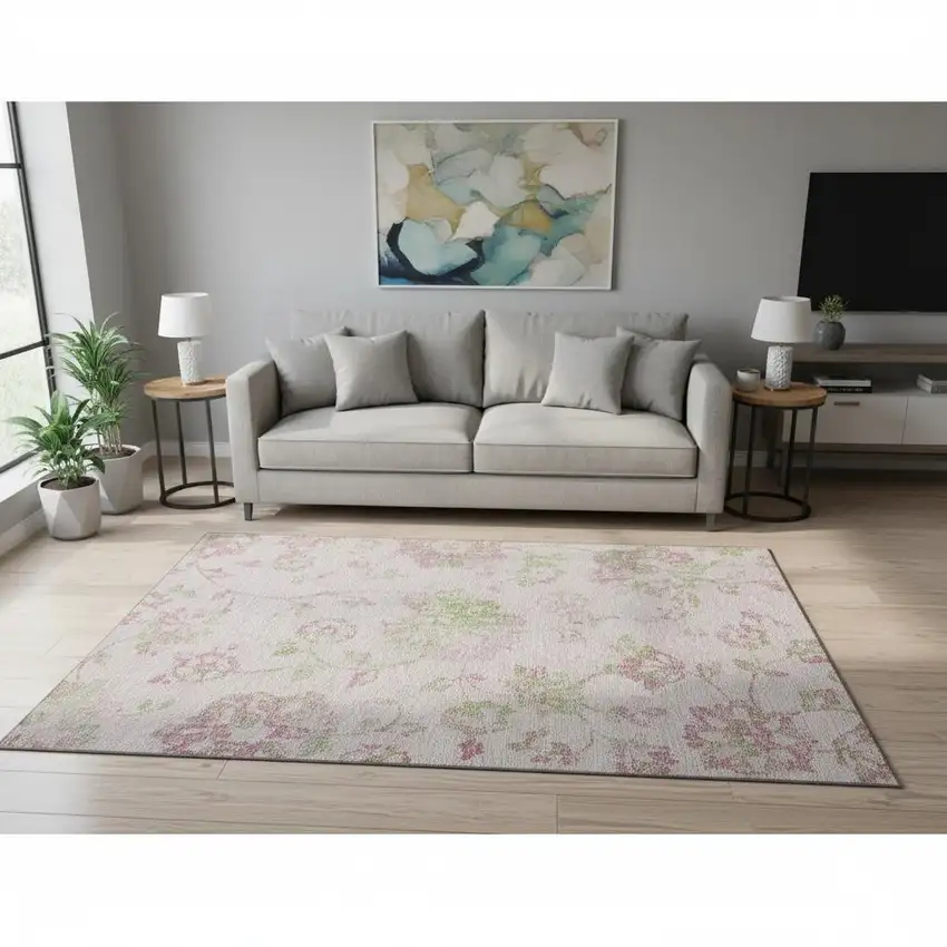 Pink And Green Floral Washable Area Rug With UV Protection Photo 2