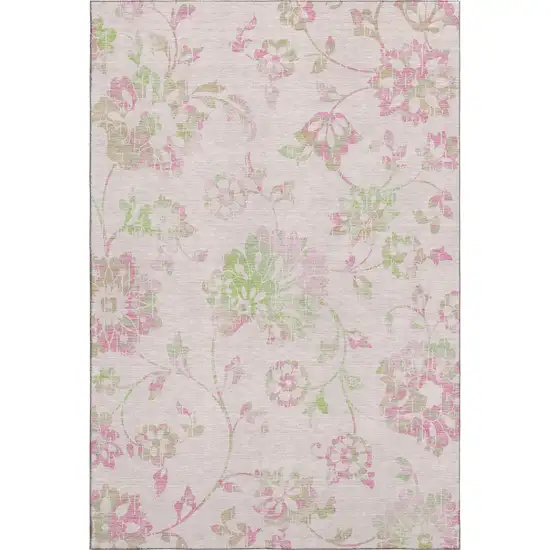 Pink And Green Floral Washable Area Rug With UV Protection Photo 1