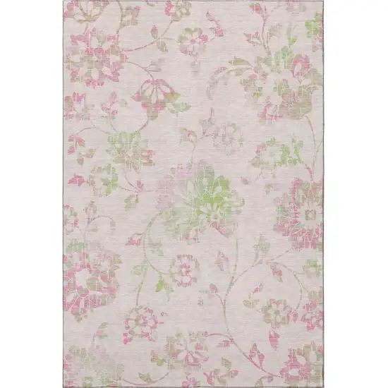 Pink And Green Floral Washable Area Rug With UV Protection Photo 3