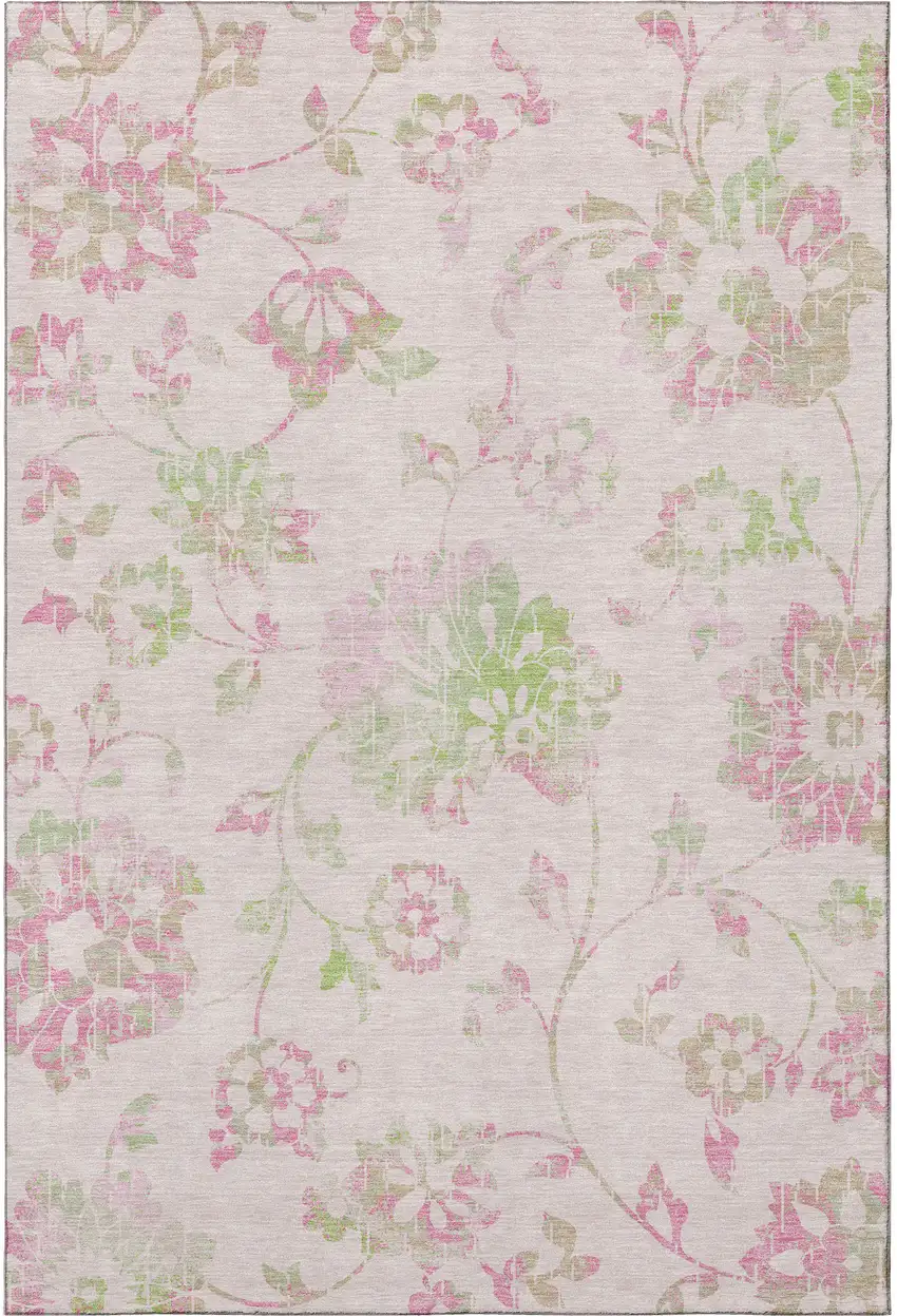Pink And Green Floral Washable Area Rug With UV Protection Photo 3