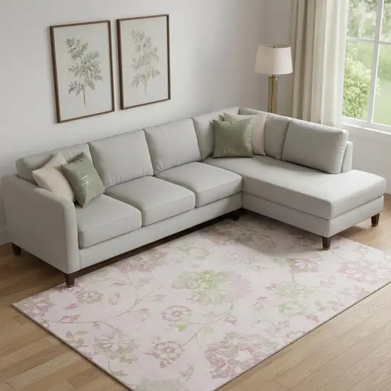 Pink And Green Floral Washable Area Rug With UV Protection Photo 1