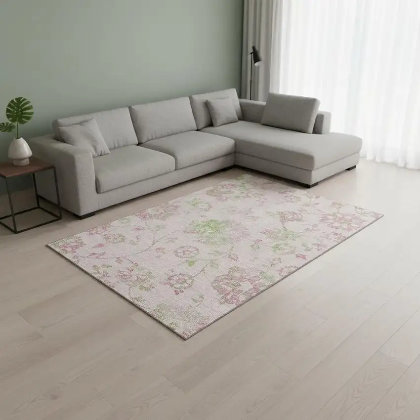 Pink And Green Floral Washable Area Rug With UV Protection Photo 2