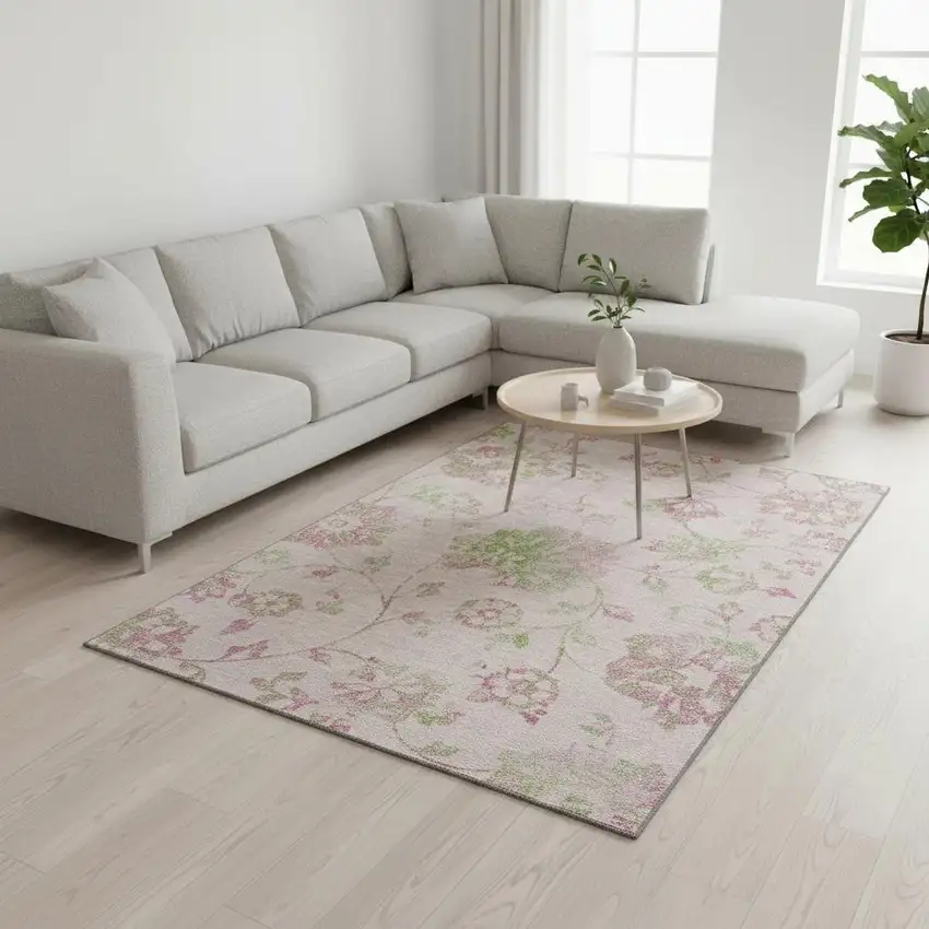 Pink And Green Floral Washable Area Rug With UV Protection Photo 2