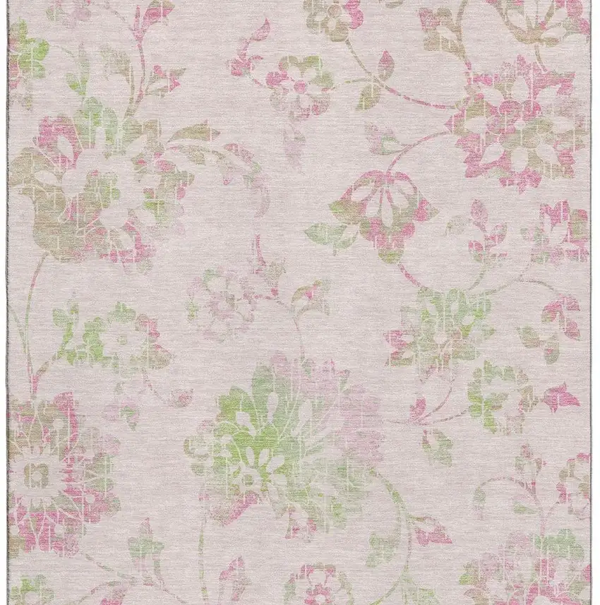 Pink And Green Floral Washable Area Rug With UV Protection Photo 3