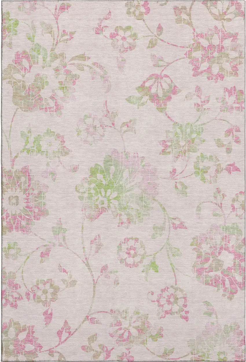 Pink And Green Floral Washable Area Rug With UV Protection Photo 1