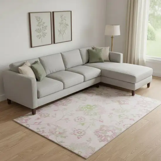 Pink And Green Floral Washable Area Rug With UV Protection Photo 1