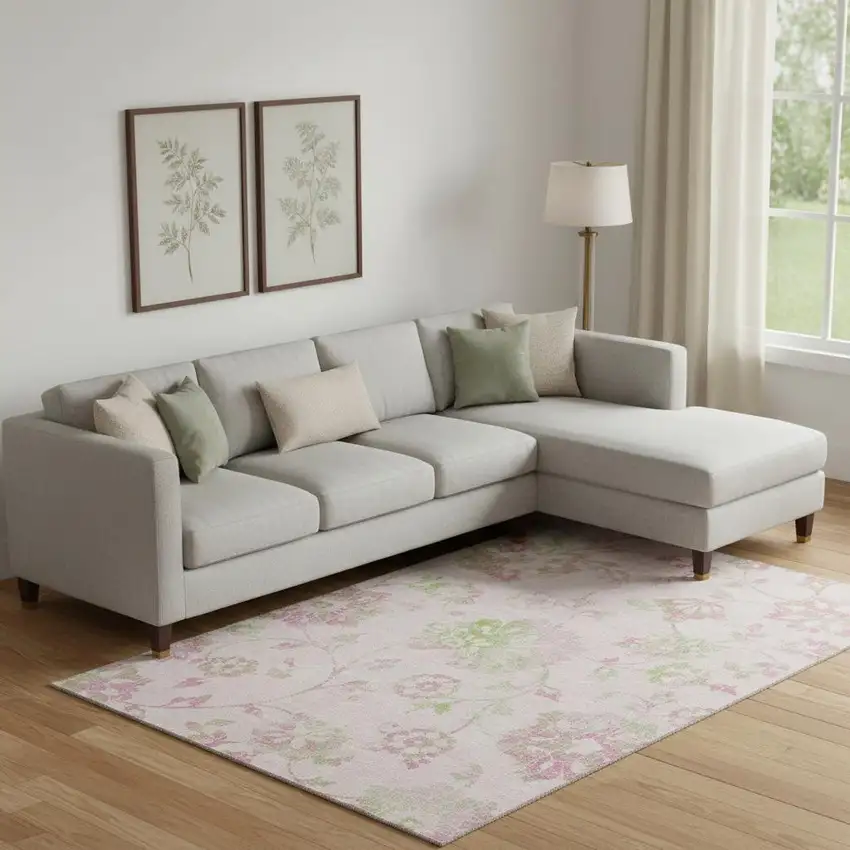Pink And Green Floral Washable Area Rug With UV Protection Photo 1