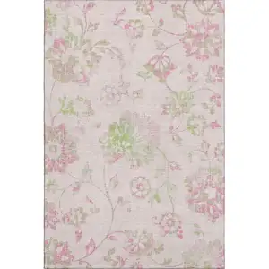 Photo of Pink And Green Floral Washable Area Rug With UV Protection