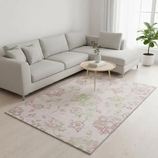 Pink And Green Floral Washable Area Rug With UV Protection Photo 2