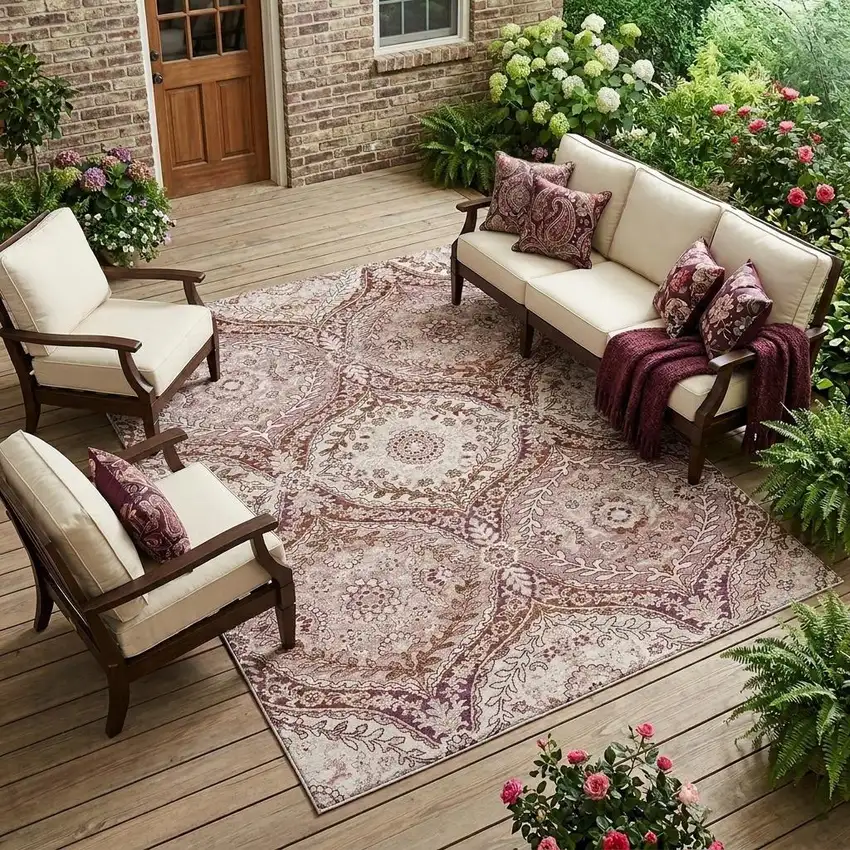 Pink And Green Ogee Washable Indoor Outdoor Area Rug Photo 1
