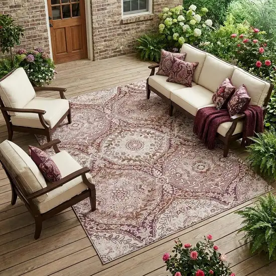 Pink And Green Ogee Washable Indoor Outdoor Area Rug Photo 1