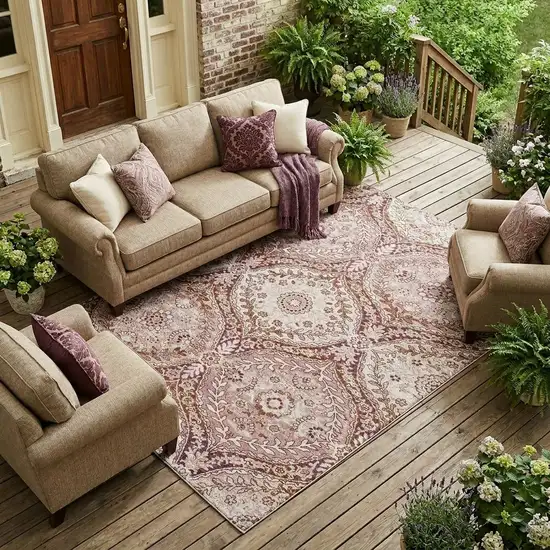 Pink And Green Ogee Washable Indoor Outdoor Area Rug Photo 1