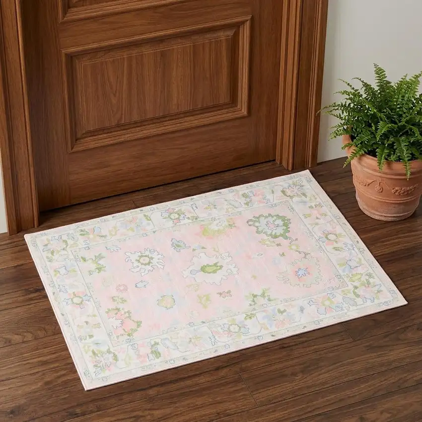 Pink And Green Oriental Washable Area Rug Photo 1