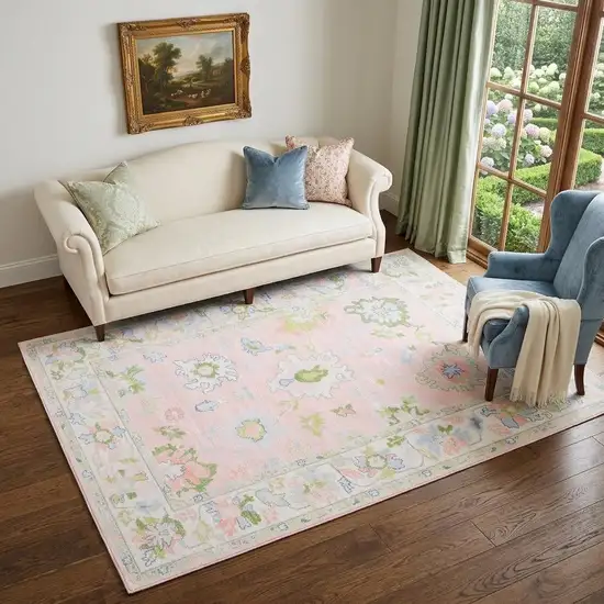 Pink And Green Oriental Washable Area Rug Photo 1