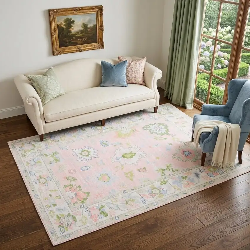 Pink And Green Oriental Washable Area Rug Photo 1