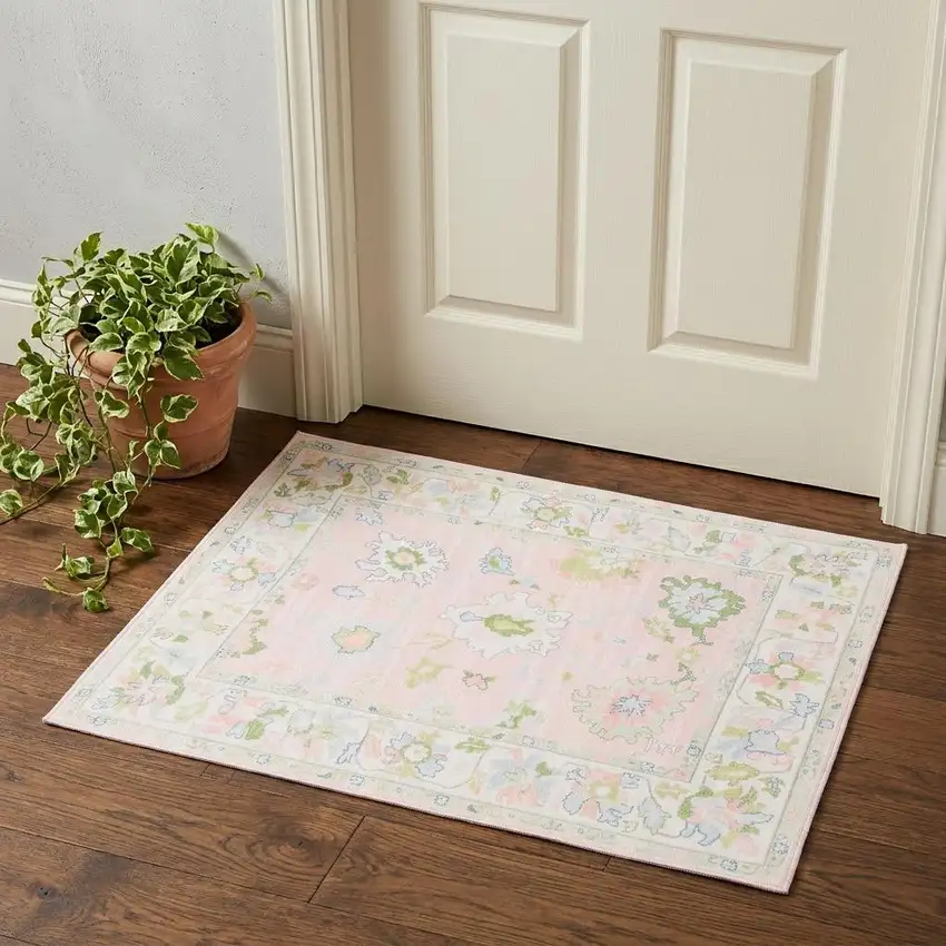 Pink And Green Oriental Washable Area Rug Photo 1