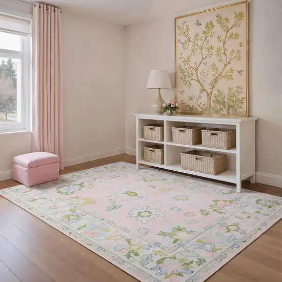 Pink And Green Oriental Washable Area Rug Photo 5
