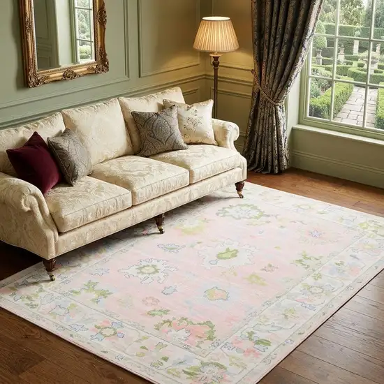 Pink And Green Oriental Washable Area Rug Photo 1