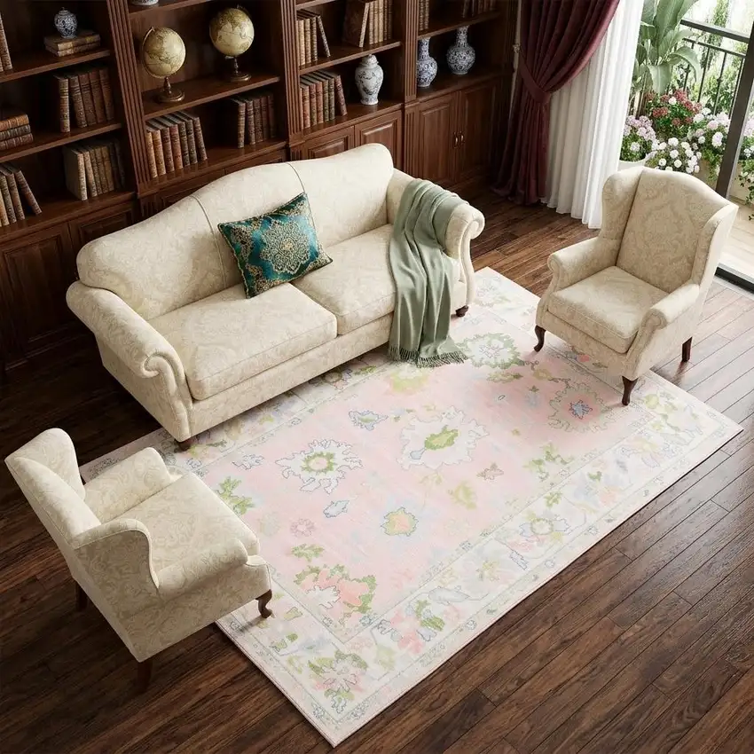 Pink And Green Oriental Washable Area Rug Photo 1