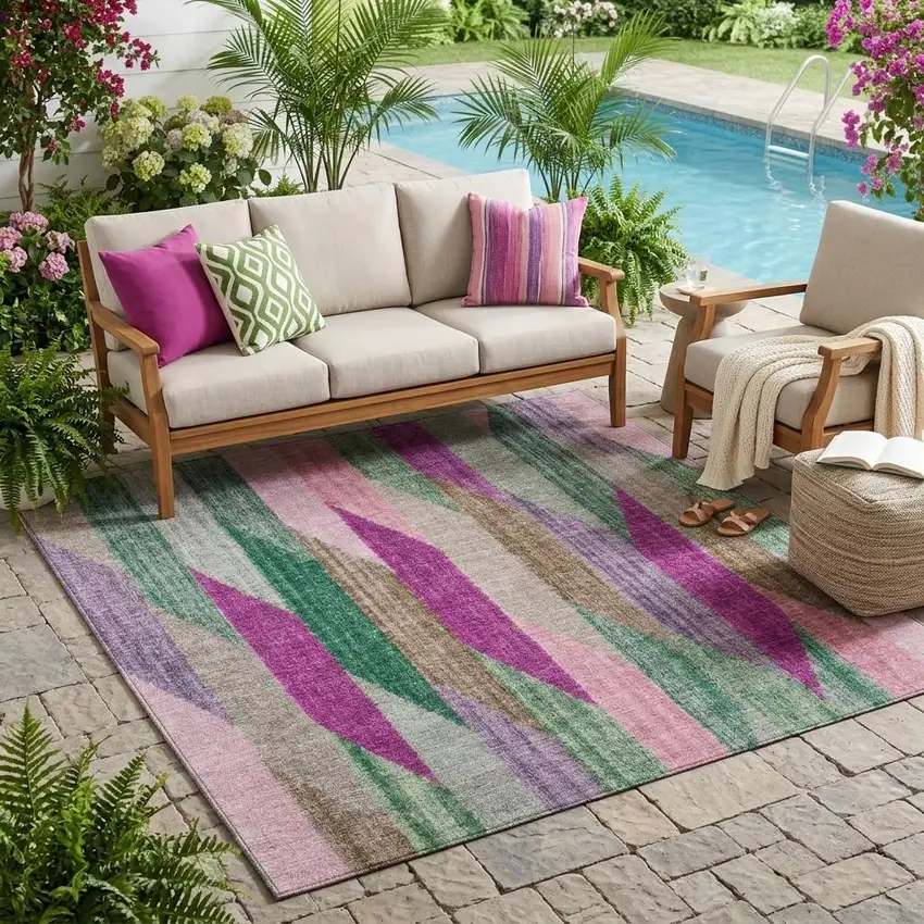Pink And Green Striped Washable Indoor Outdoor Area Rug Photo 1