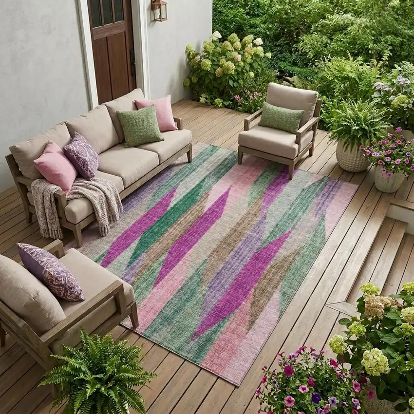 Pink And Green Striped Washable Indoor Outdoor Area Rug Photo 1