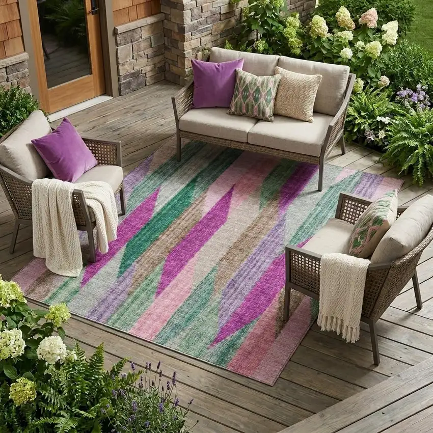 Pink And Green Striped Washable Indoor Outdoor Area Rug Photo 1