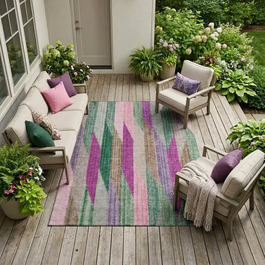 Pink And Green Striped Washable Indoor Outdoor Area Rug Photo 1