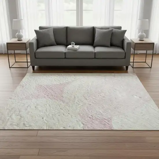 Pink And Ivory Abstract Geometric Washable Area Rug With UV Protection Photo 2