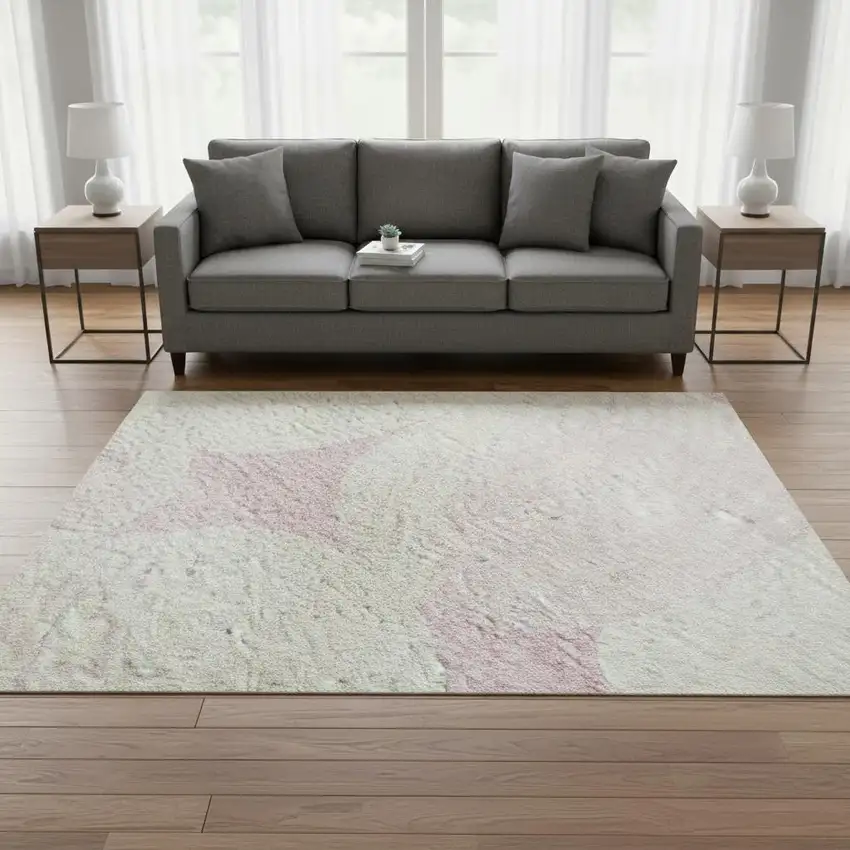 Pink And Ivory Abstract Geometric Washable Area Rug With UV Protection Photo 2