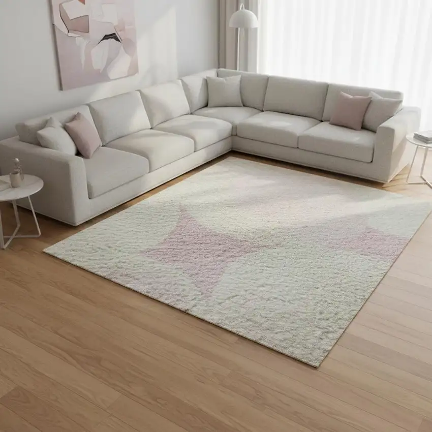 Pink And Ivory Abstract Geometric Washable Area Rug With UV Protection Photo 2