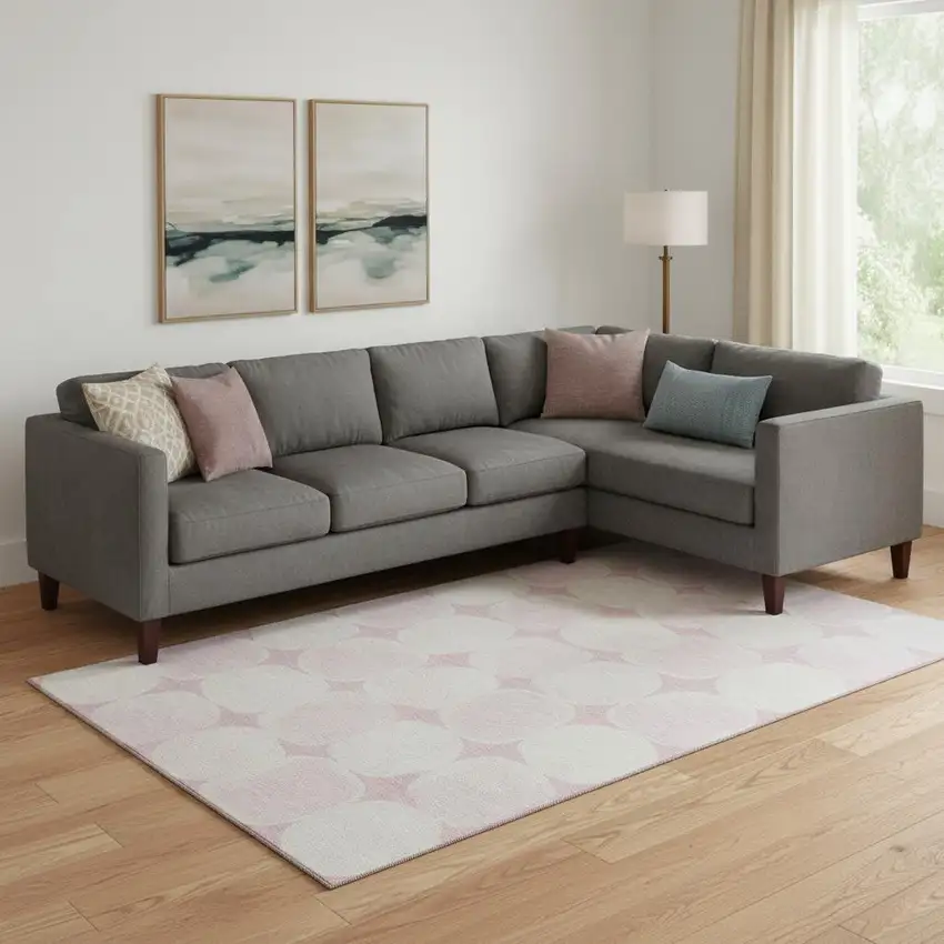 Pink And Ivory Abstract Geometric Washable Area Rug With UV Protection Photo 1