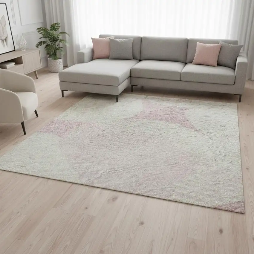 Pink And Ivory Abstract Geometric Washable Area Rug With UV Protection Photo 2