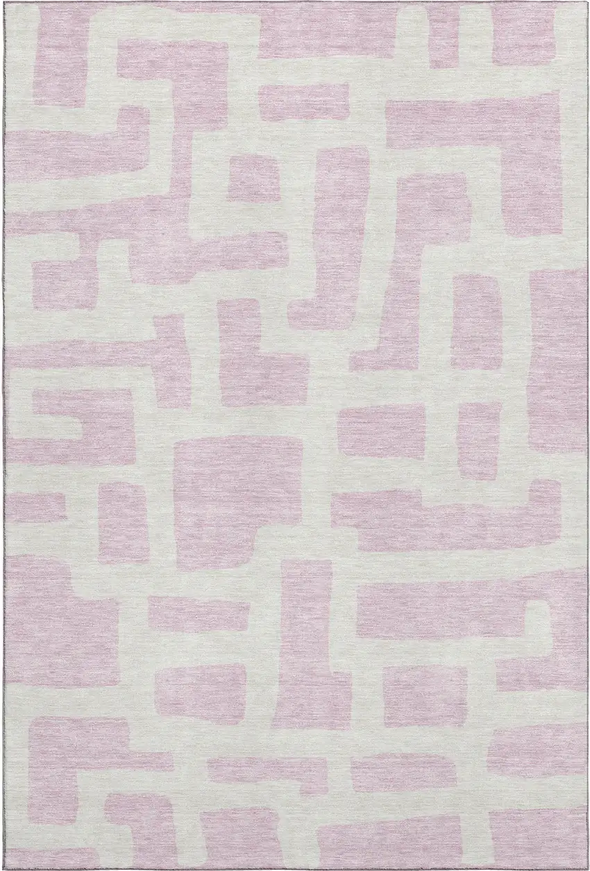 Pink And Ivory Abstract Geometric Washable Area Rug With UV Protection Photo 1