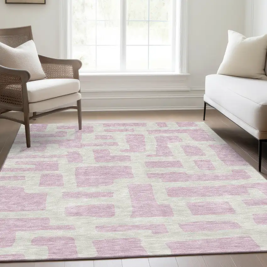 Pink And Ivory Abstract Geometric Washable Area Rug With UV Protection Photo 6