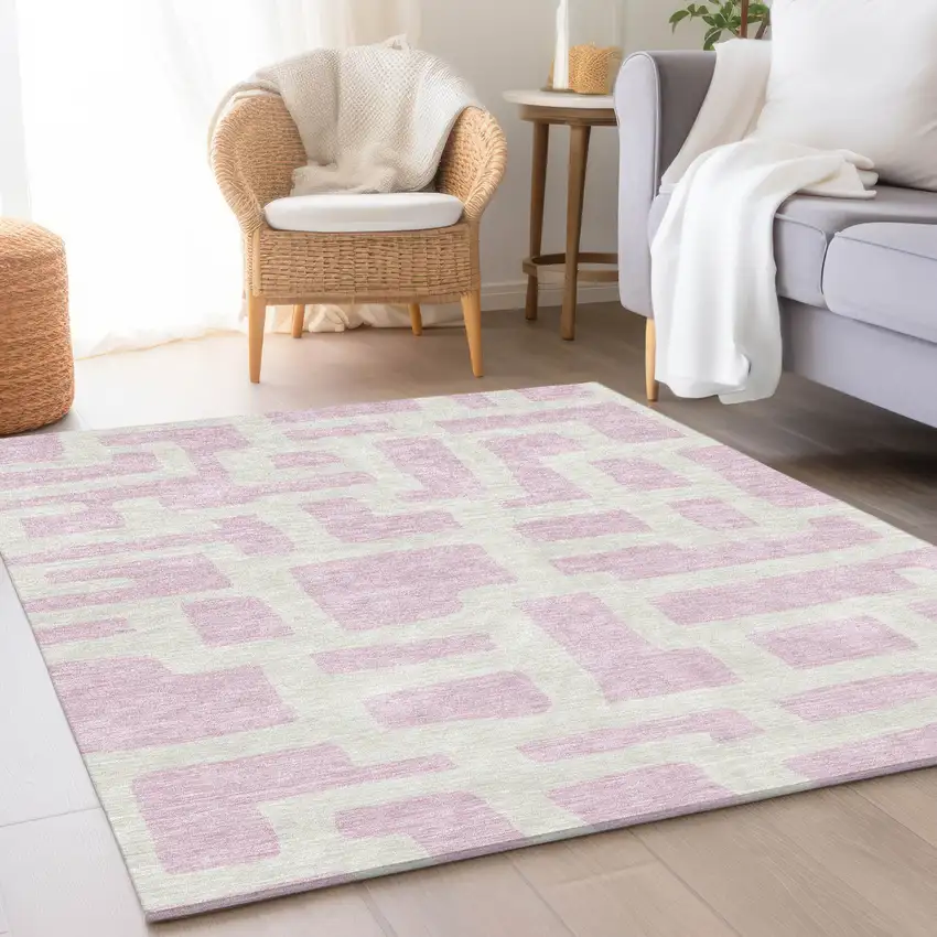 Pink And Ivory Abstract Geometric Washable Area Rug With UV Protection Photo 5