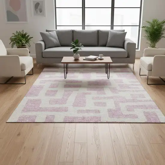 Pink And Ivory Abstract Geometric Washable Area Rug With UV Protection Photo 2