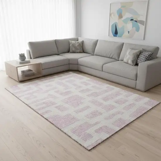 Pink And Ivory Abstract Geometric Washable Area Rug With UV Protection Photo 2