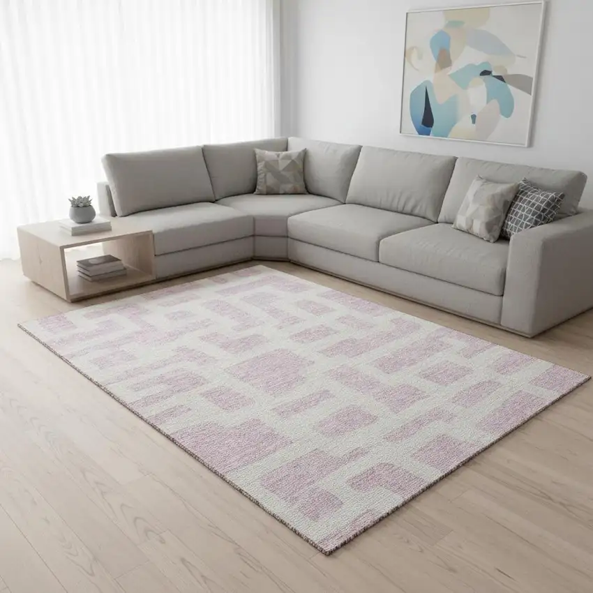 Pink And Ivory Abstract Geometric Washable Area Rug With UV Protection Photo 2