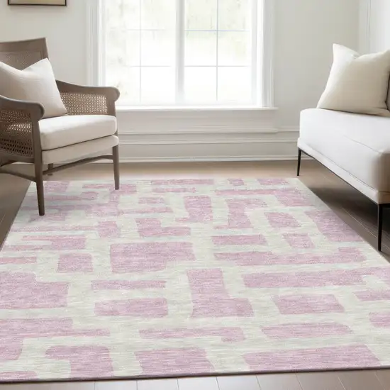 Pink And Ivory Abstract Geometric Washable Area Rug With UV Protection Photo 6