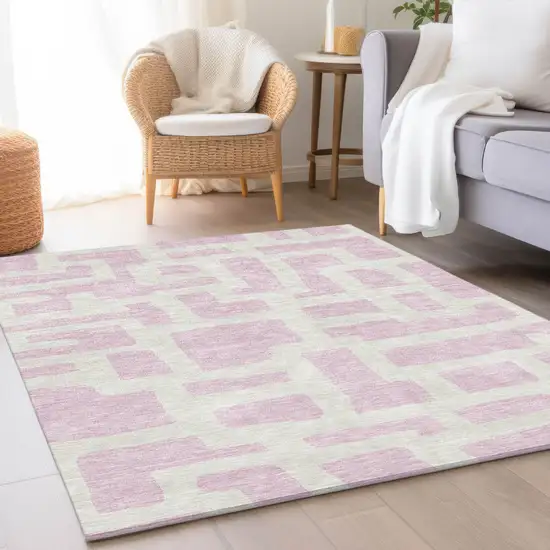 Pink And Ivory Abstract Geometric Washable Area Rug With UV Protection Photo 5