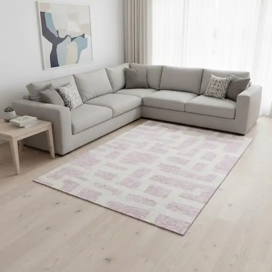 Pink And Ivory Abstract Geometric Washable Area Rug With UV Protection Photo 2