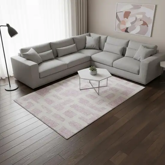 Pink And Ivory Abstract Geometric Washable Area Rug With UV Protection Photo 2