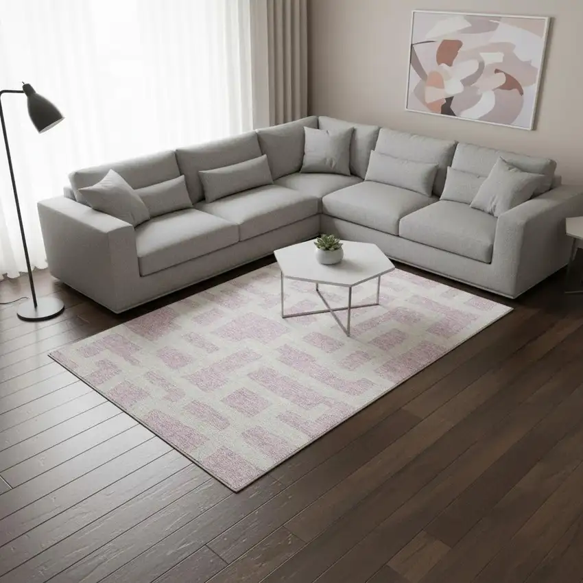 Pink And Ivory Abstract Geometric Washable Area Rug With UV Protection Photo 2