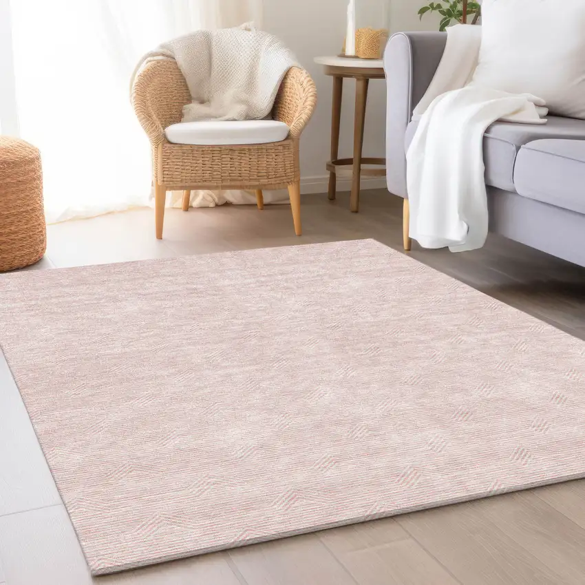 Pink And Ivory Abstract Geometric Washable Area Rug With UV Protection Photo 5